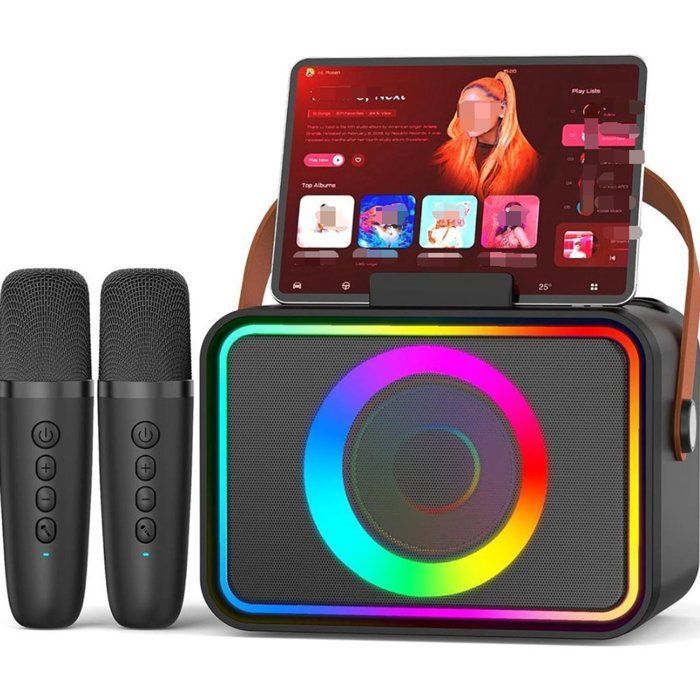 Un kit karaoké complet, comprenant deux microphones karaoké, un boîtier karaoké portable et un système d'enceintes Bluetooth, idéal