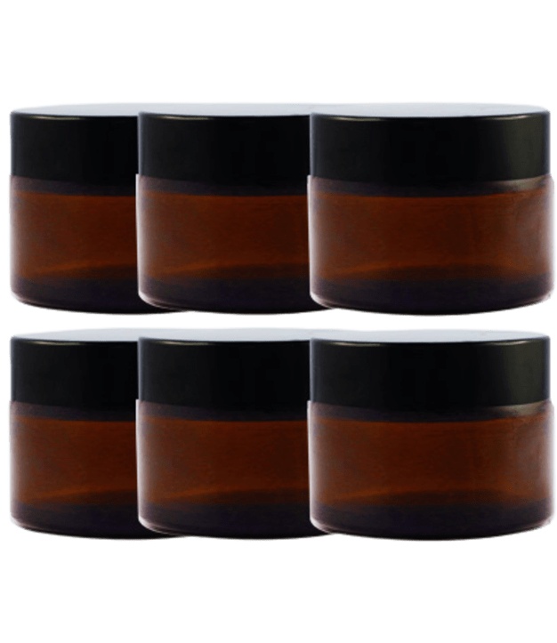 Barattoli in vetro ambrato da 50 ml con coperchi neri (set da 6)