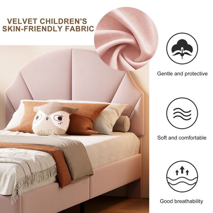 Cama infantil de 90x200cm, cama individual tapizada, cabecero regulable en altura, somier de láminas, terciopelo rosa.
