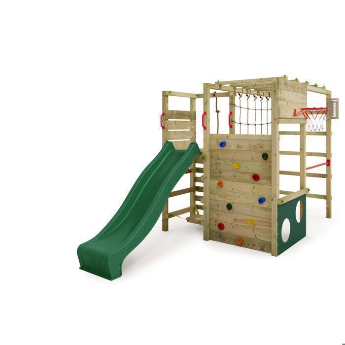 Estructura de juegos de madera verde FATMOOSE ActionArena Air XXL con tobogán, rocódromo y aro de baloncesto – 10 años de garantía*