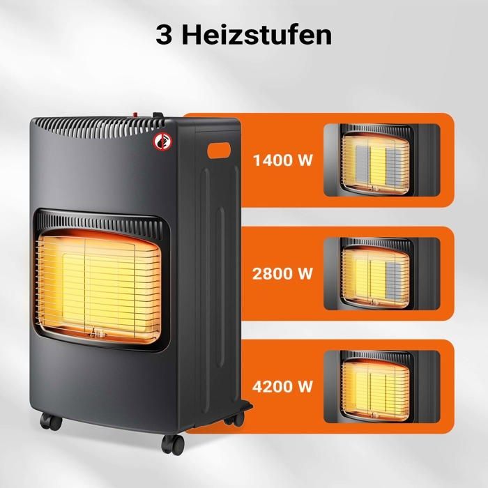 Calefactor de gas infrarrojo Wiltec, negro, 7,5 kg, 3 niveles de potencia (1,4 kW-4,2 kW), plegable, 420 x 450 x 757 mm, con encendido piezoeléctrico.