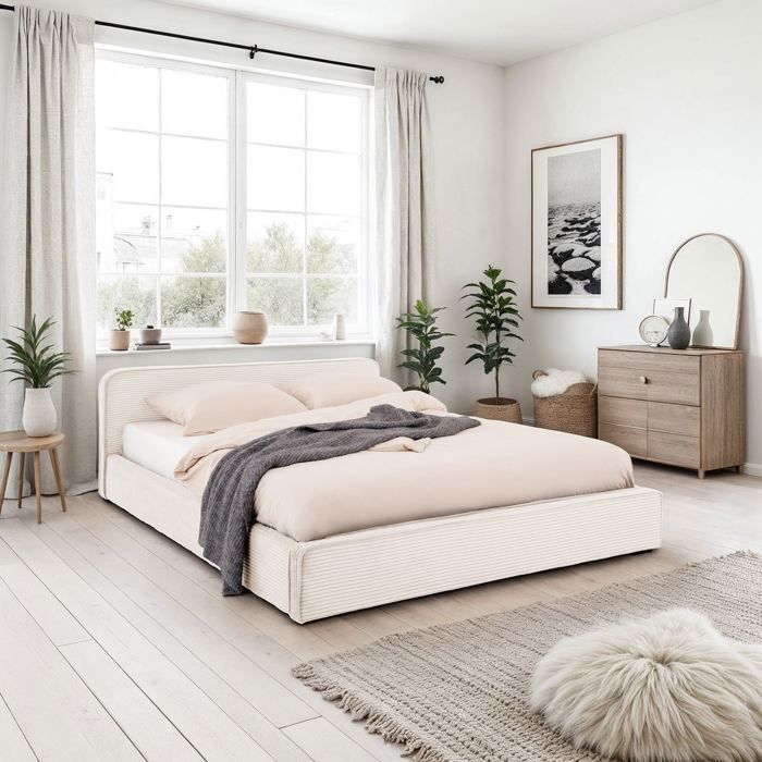 Cama doble CURSIO de 140x190 cm, tapizada en pana color crema, cama para 2 personas, estructura de madera con somier de láminas.