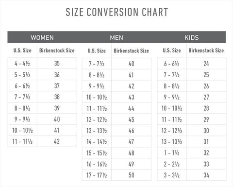 Sizing Guide-Our products are offered in European sizes. Please reference their Size and Width conversion charts below. You can determine you size by adding 31 to your U.S women's size and 33 to you U.S men's size.