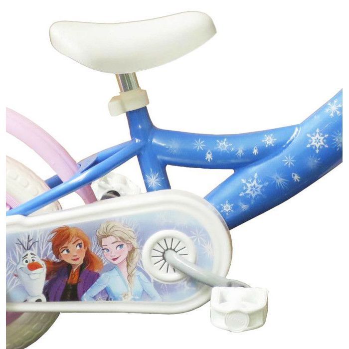 Vélo enfant 10'' Reine des neiges - 1 frein - panier avant, garde-boues, carter, roues à bâtons & 2 stabilisateurs amovibles !