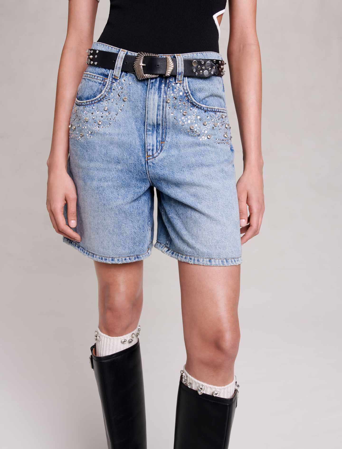Pantaloni scurți din denim cu strasuri - Albastru