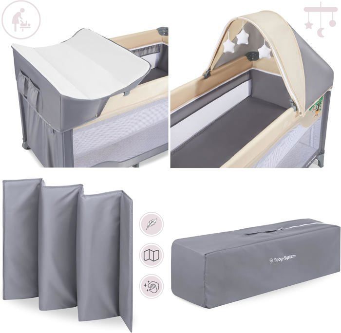 Lettino da viaggio e box pieghevole 2 in 1 Moby-System | 2 livelli di altezza del materasso (alto/basso) fino a 25 kg | Zanzariera e borsa per il trasporto | Certificazione CE