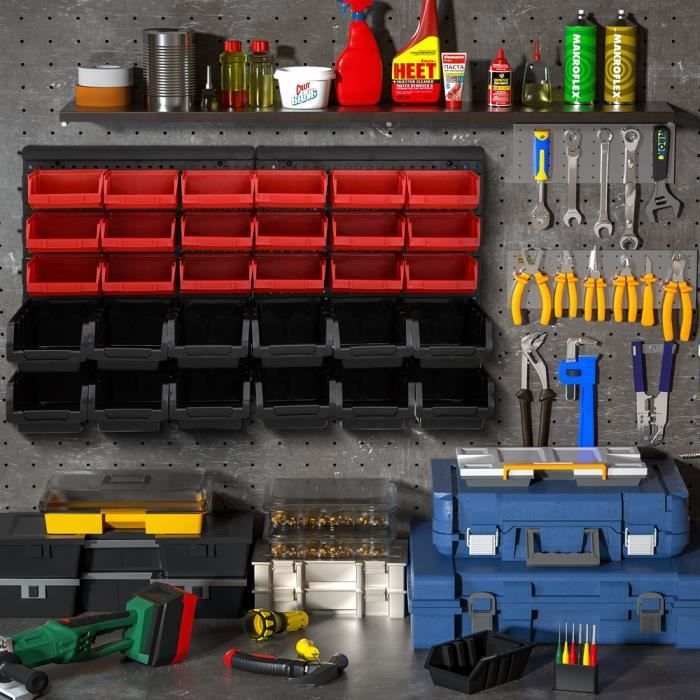 2 estantes para herramientas con cajas de almacenamiento, 60 contenedores, estante modular extensible para garaje con montaje en pared.