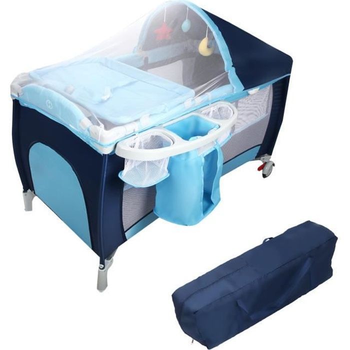 Cuna de viaje COSTWAY con colchón, azul, 120 x 60 x 76 cm, 2 niveles, mosquitera + 3 juguetes + caja de música