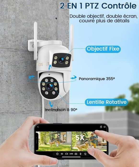 FOSMET WLAN-Überwachungskamera, 2K-Dualobjektiv, Farbnachtsicht, Zwei-Wege-Audio, intelligente Verfolgung, IP66 wasserdicht