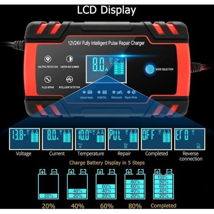 12V/24V 8A Slimme acculader/booster/startbooster/onderhouder met draagbaar LCD-scherm voor auto, motor en vrachtwagen