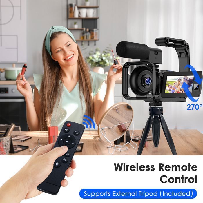 Filmadora UHD 4K+1080P com lente dupla frontal e traseira de 56MP, Wi-Fi e microfone.