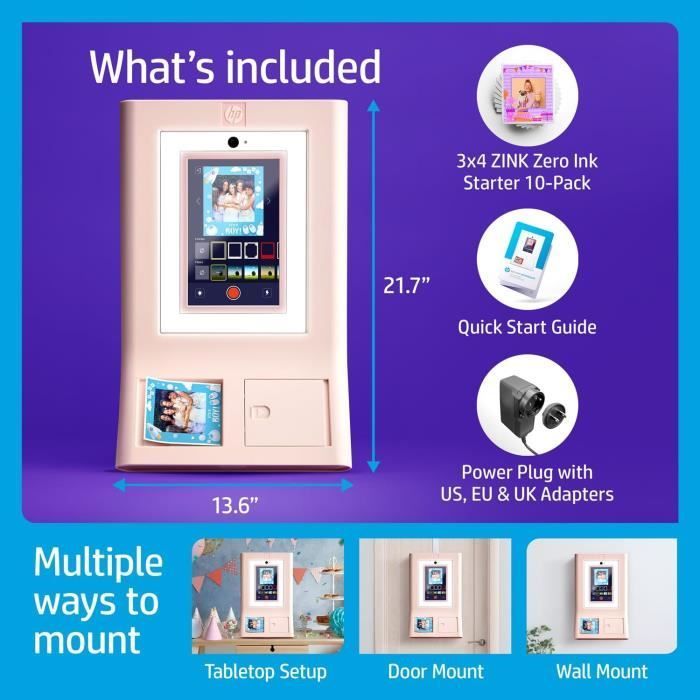 HP Sprocket Photobooth — 3x4 Instant Photo Printer, Pink, Wi-Fi, ZINK, 10.1
