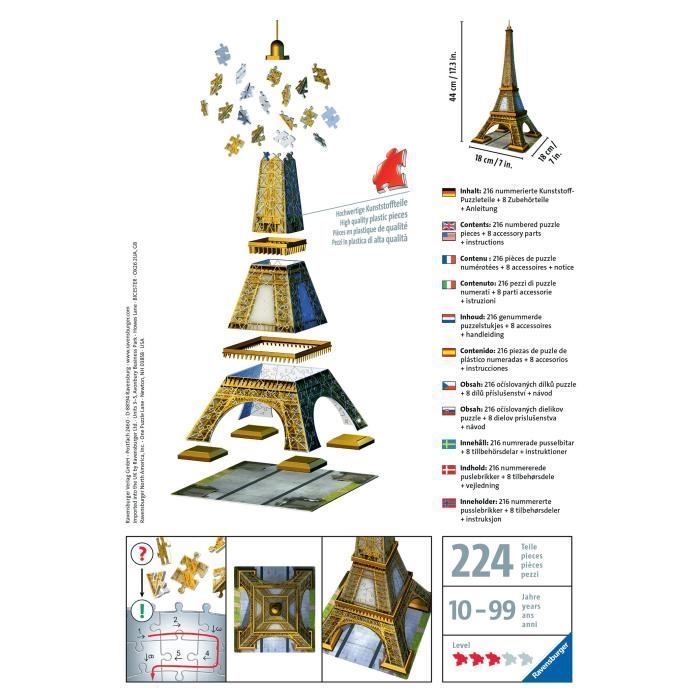 Rompecabezas 3D de la Torre Eiffel - Ravensburger - 216 piezas - no requiere pegamento - Arquitectura y Monumento