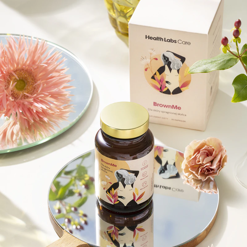 Cápsulas do suplemento alimentar BrownMe da Health Labs Care para um bronzeado bonito e pele saudável.