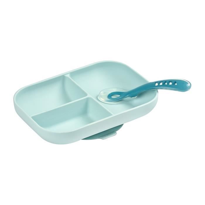 BEABA Baby-Essgeschirr-Set mit Saugnapf, rutschfestem, unterteiltem Silikonteller und Löffel, gesund und langlebig, blau