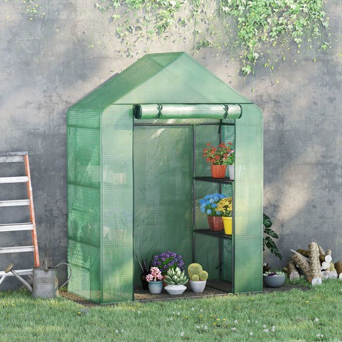 Outsunny Gartengewächshaus – mit 3 Regalböden – verstärkte PE-Folie (140 g/m²) und Stahlrahmen – für Gemüse und Blumen – Grün