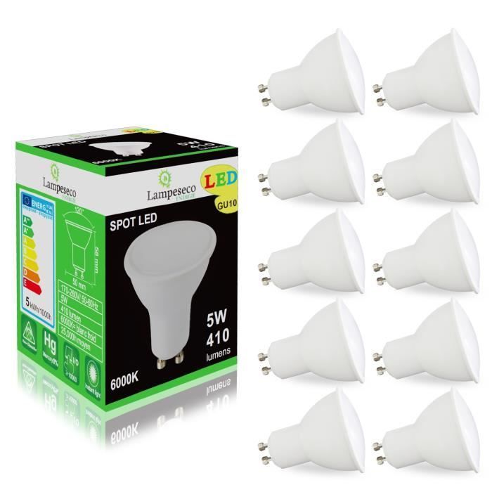 Pack de 10 Ampoules Led GU10 5W Blanc Froid 120° - LAMPESECOENERGIE - Non compatible variateur