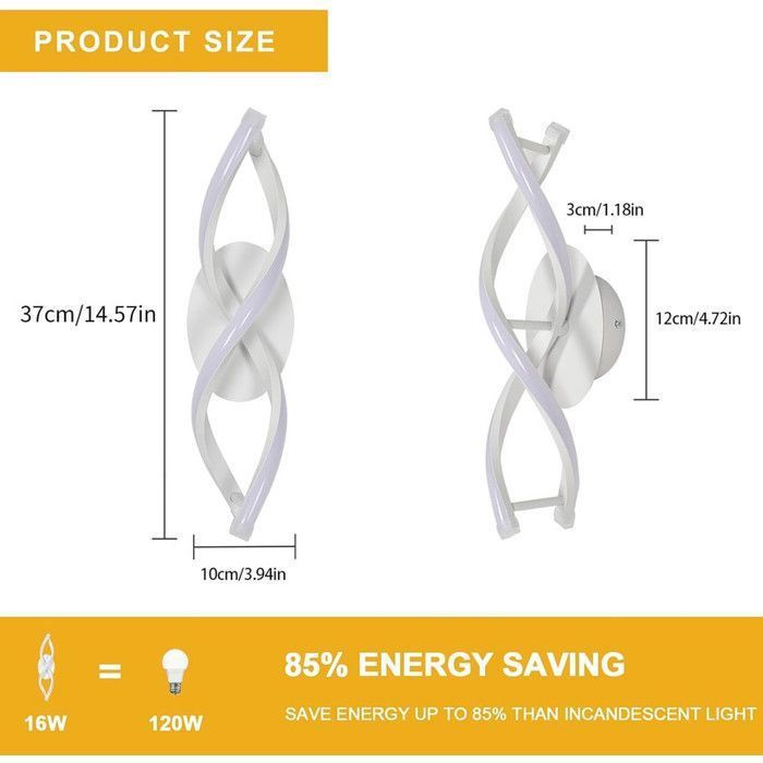 Arandela de parede interna DORLINK, luminária de parede LED de 16W com luz quente de 3000K, arandelas de parede com design curvo para quarto e sala de estar.