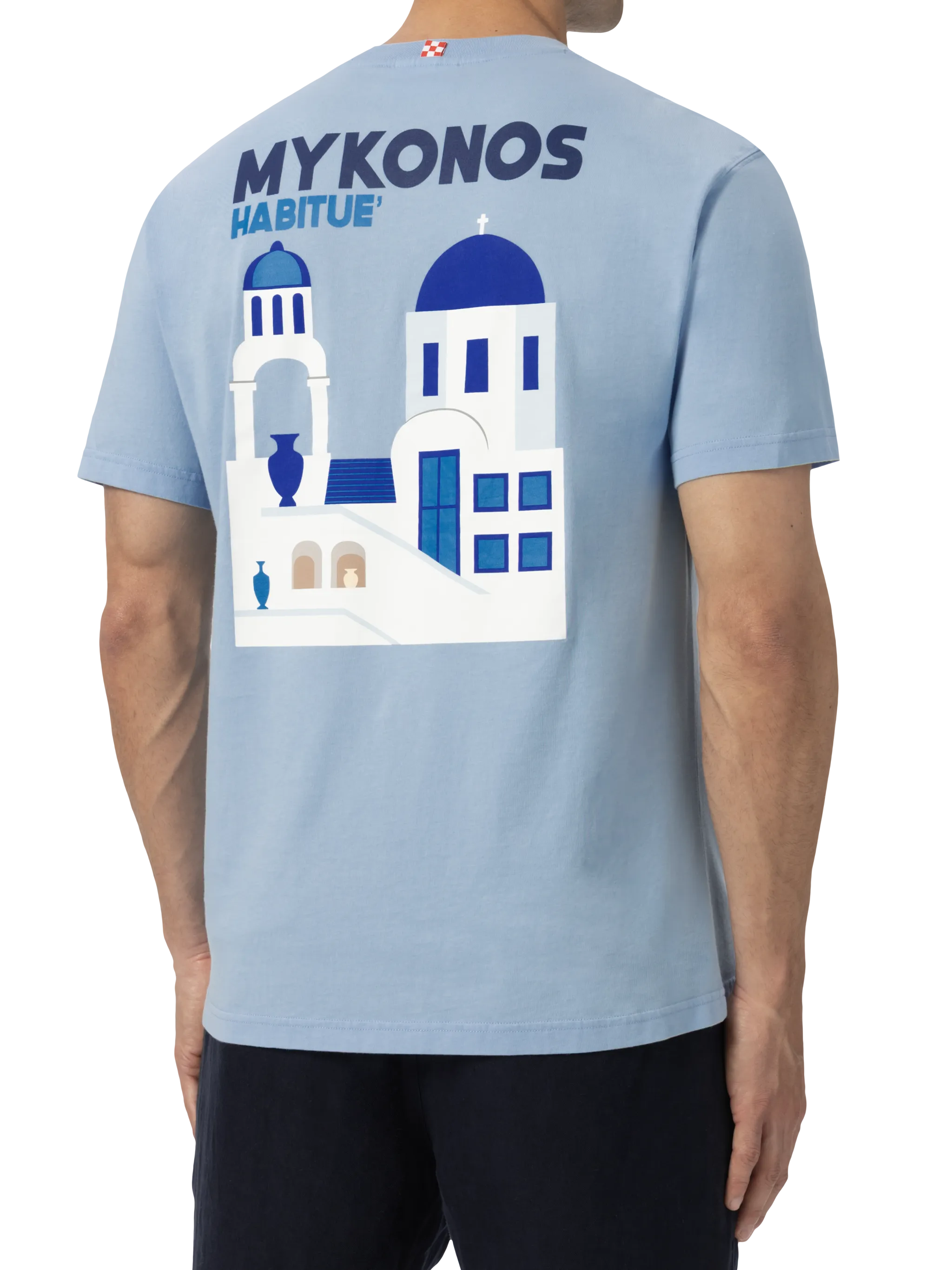 Heren katoenen T-shirt met print van een ansichtkaart van Mykonos
