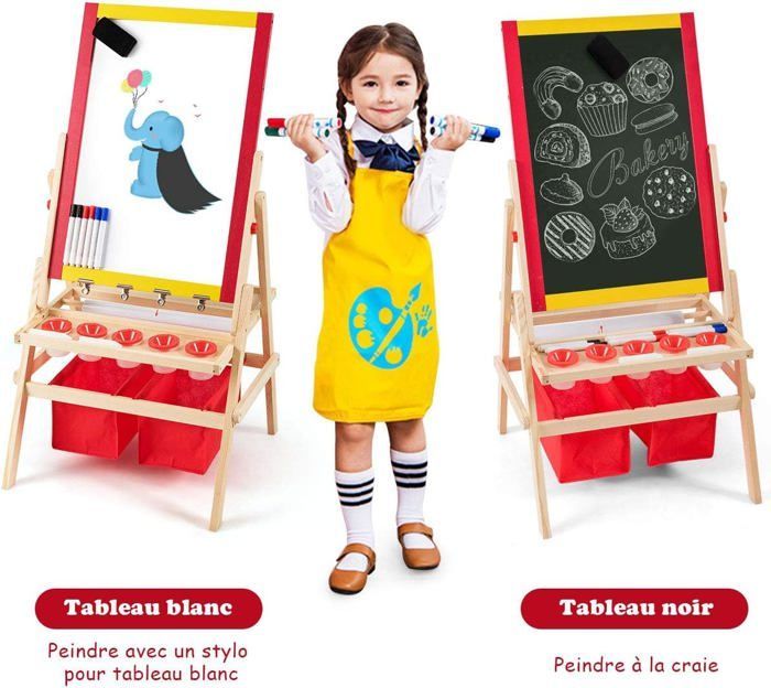 GOPLUS Caballete infantil de madera de doble cara 3 en 1, pizarra magnética/pizarra blanca con caja de almacenamiento y accesorios completos.