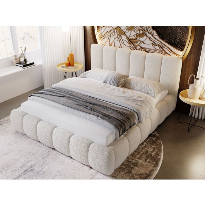 Structure de lit - Tissu en bouclé - Sommier à lattes - lit beige - Cloud 140x200