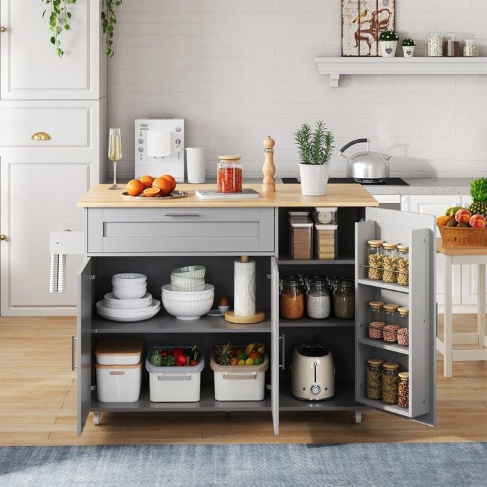 Abrihome Folding Mobile Kitchen Table in Grey Oak, with Spice Rack, Towel Rail and 5 Wheels, 132 x 44 x 90 cm