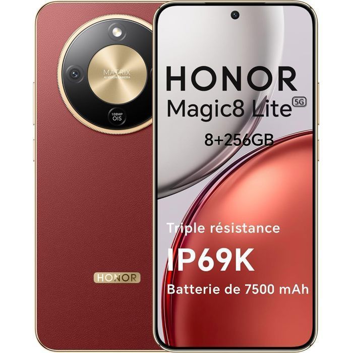 Smartphone 5G - HONOR Magic8 lite - 8 GB de RAM - 256 GB - 7500 mAh - 108 Mpx + OIS - IP68 e IP69K - Marrón rojizo - Versión UE