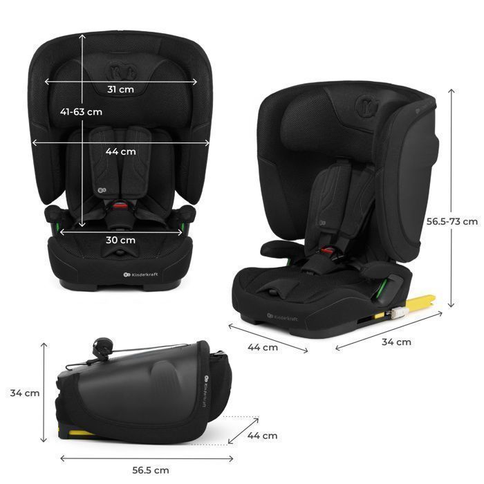 Seggiolino auto Kinderkraft FIX2GO I-SIZE, 76–150 cm, da 15 mesi a 12 anni, ISOFIX, schienale pieghevole, facile da trasportare, nero.
