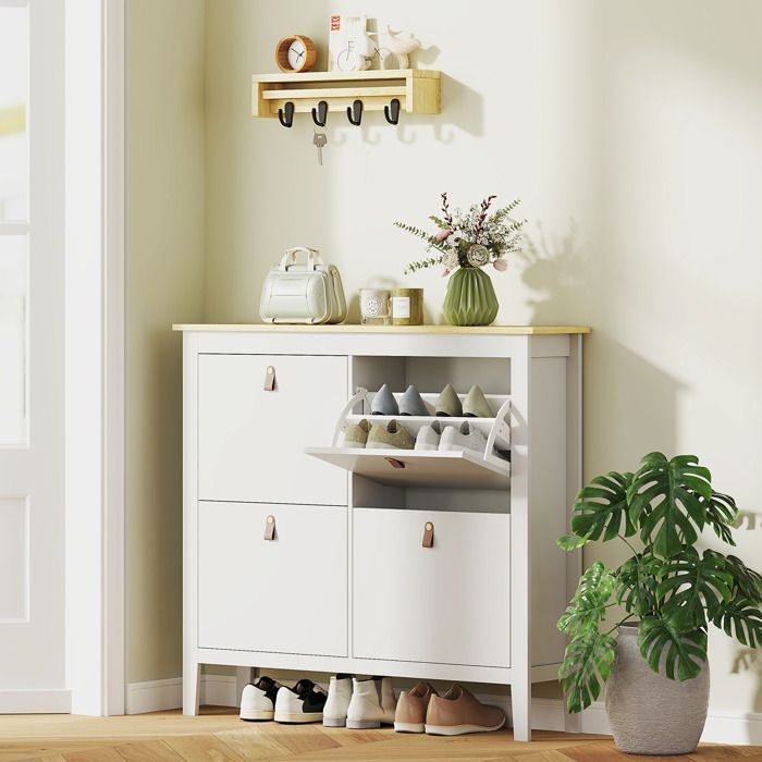 Shoe cabinet - HOMCOM - 20 pairs - 4 drawers, drop-down doors, removable and adjustable shelves - 105x24x95.5cm - white