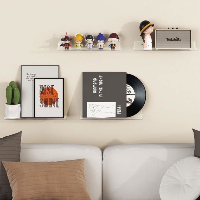 Flytende vinylplatehyller, sett med 6 vegghyller i klar akryl, 38 cm, dekorasjon for