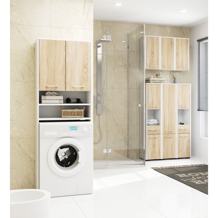 AKORD FIN Witte Badkamerkolom 30 cm 2 Deuren 1 Lade Sonoma Eiken Front 5 Planken 30x30x140 cm