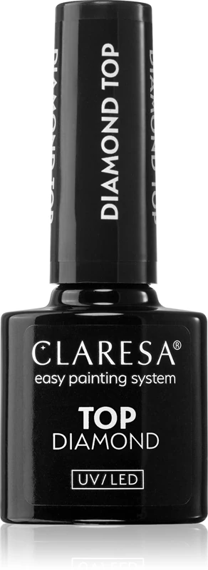 Vrchný gélový lak Claresa UV/LED Top Diamond bez utierania, ktorý chráni a leskne, čím zabraňuje pokrčeniu.