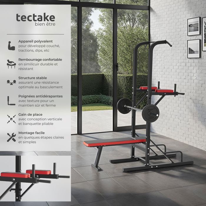 Entrenamiento con pesas - TECTAKE - Estación de entrenamiento con pesas REEVES de acero con banco plegable, barra de dominadas y estación de fondos - Negro