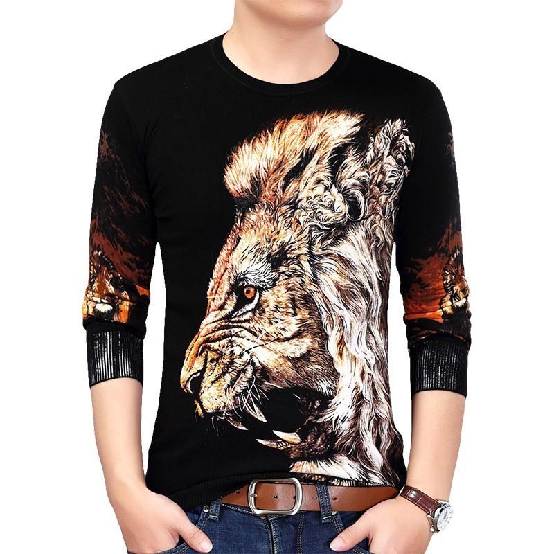 Spring Lion Head Painting Sweater Fashion Pullover Erkek Kazak Men Slim Fit Pull Homme Chompas Hombre Pullover Men Clothes