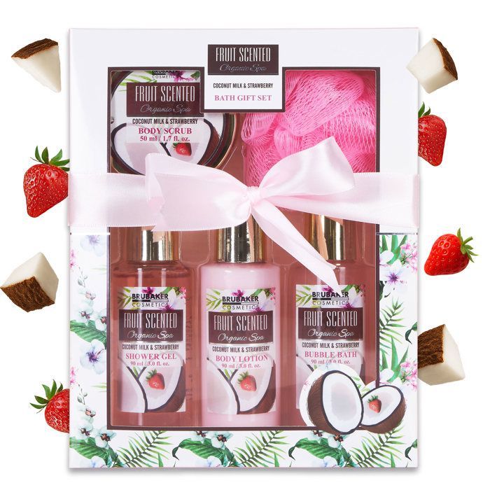 BRUBAKER Cosmetica - Bad- en doucheset - Kokosnoot/Aardbei - 5-delig - Cadeau-idee