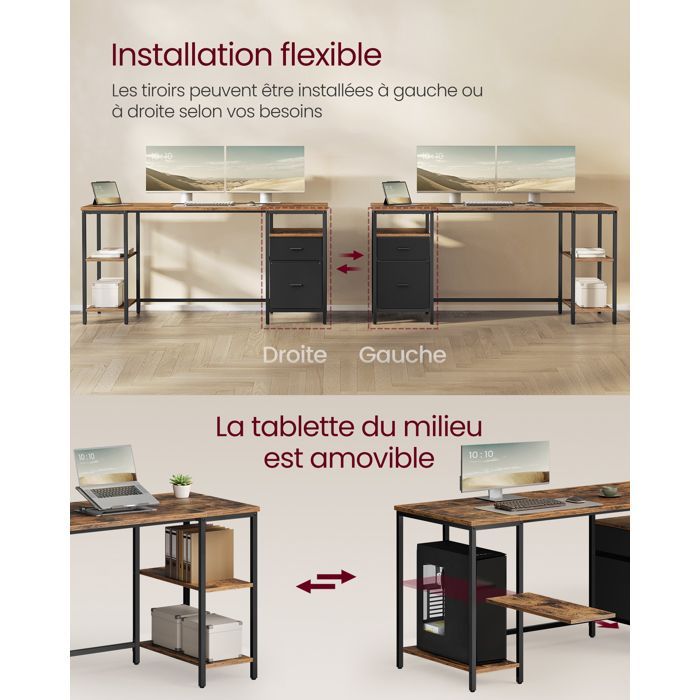 Scrivania per computer con vani portaoggetti, 3 ripiani, 2 cassetti, 160 x 60 x 76 cm, per ufficio e soggiorno, marrone rustico e nero opaco.