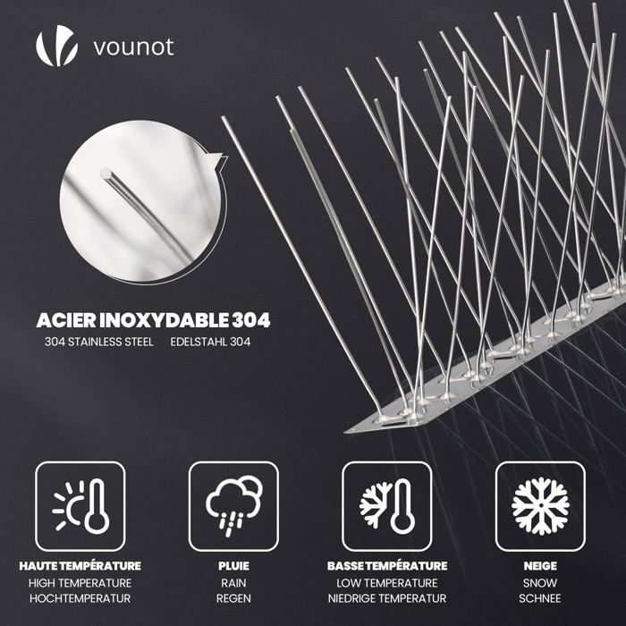 VOUNOT® Pinchos antipalomas 8,5 m - 25 cm x 34 unidades - Acero inoxidable - Pinchos para aves con bridas