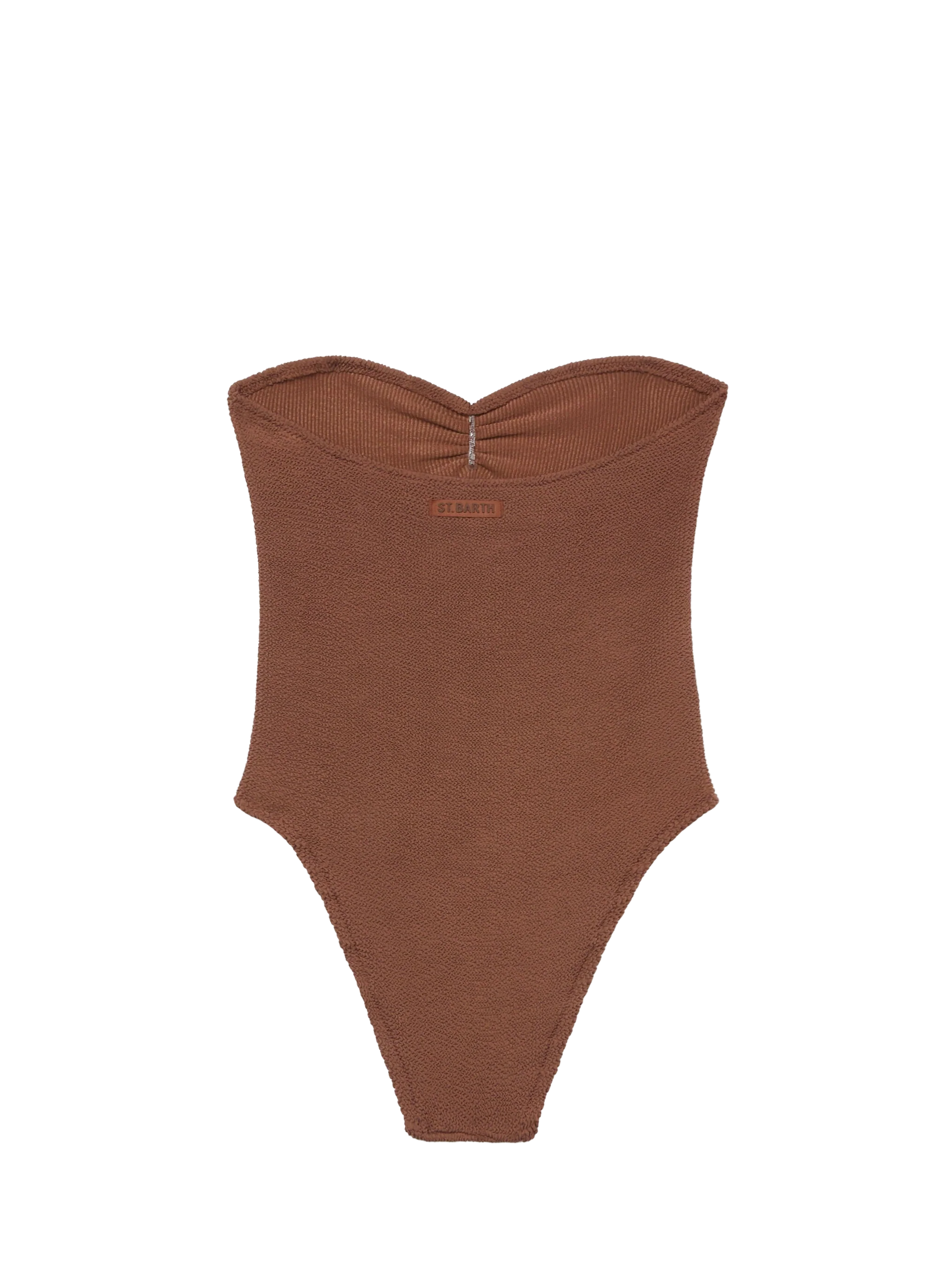 Soleil bruin strapless badpak met kreukelstructuur