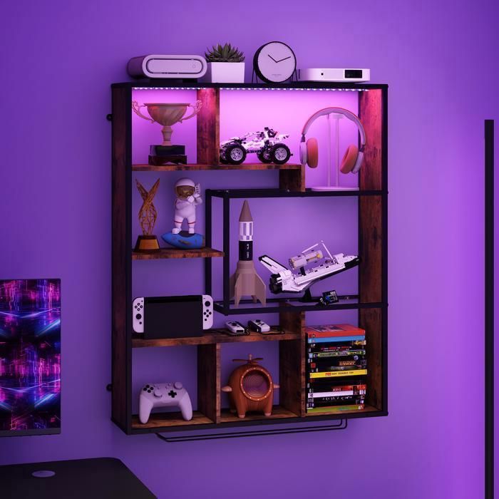 Estantería de pared LED RGB de 80 x 100 cm - 6 niveles - Estantería flotante de metal - Marrón