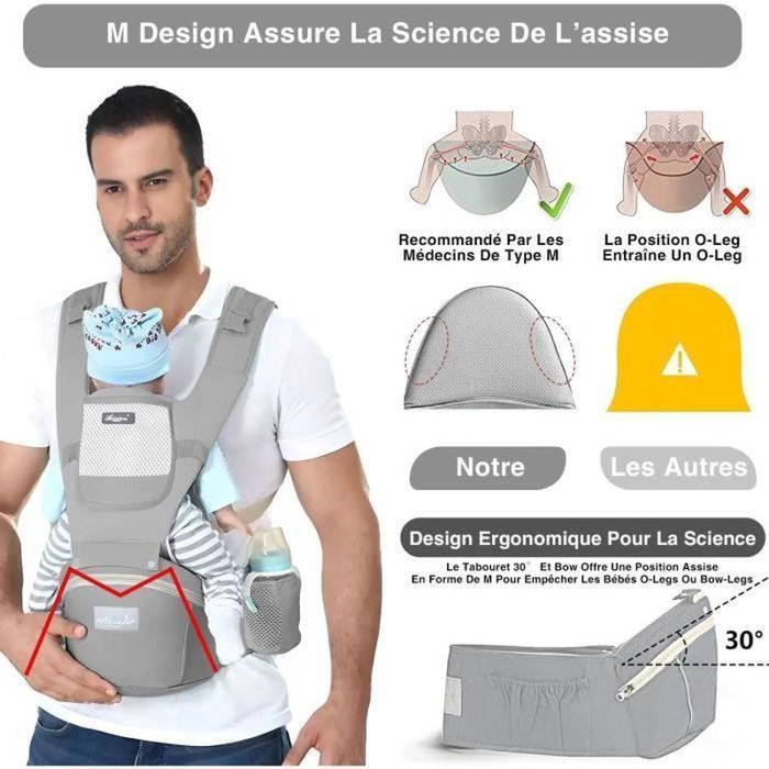 Portabebés multifuncional 6 en 1 para senderismo con asiento ergonómico ajustable para bebés y niños de 3 a 36 meses, color gris.