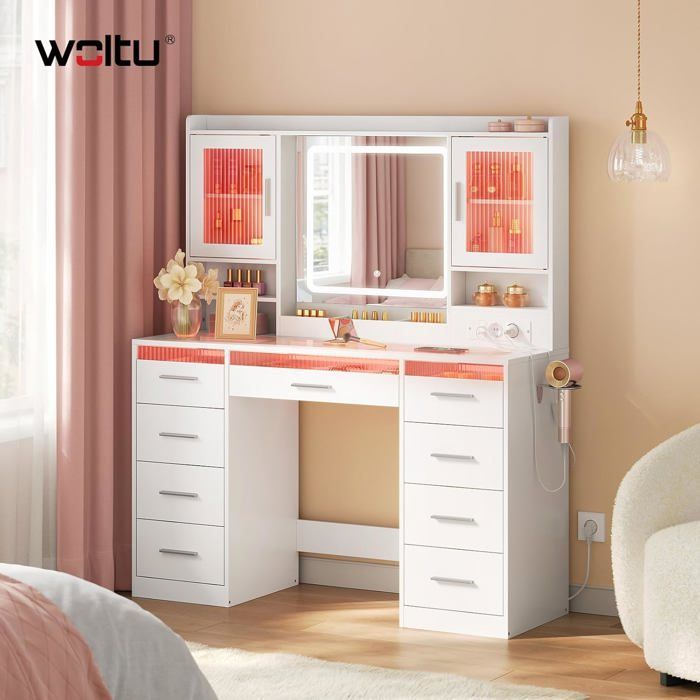 Coiffeuse 9 Tiroirs WOLTU - Miroir LED Réglable et Éclairage RGB - Plateau en Verre - Prise de Courant - Blanc
