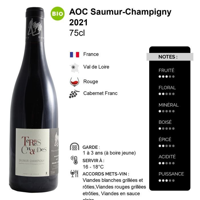 Domaine des Roches Neuves Saumur-Champigny Terres Chaudes 2021 - Vino rosso della Valle della Loira (6x75cl) Biologico