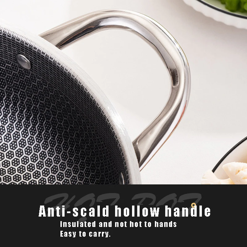 Poêle à soupe wok en acier inoxydable 410, fond alvéolé, antiadhésive, compatible induction et gaz, 28/30 cm