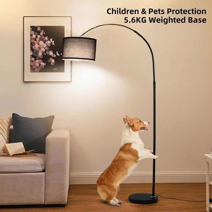 ANTENLICHT LUNA Arc Floor Lamp - E27 LED Bulb Included, 33cm Black Fabric Shade, Foot Switch, For Living Room