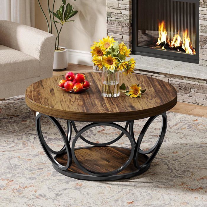 Tribesigns Table Basse Ronde 2 Niveaux, Table de Salon Bois 80 cm, Structure en métal, Industriel Style, Marron Rustique