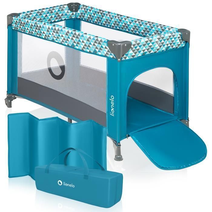 Cuna de viaje compacta 2 en 1 LIONELO de Stefi - Parque infantil - 0-36 meses - Bolsa de transporte - Plegado rápido - 2 ruedas - Turquesa
