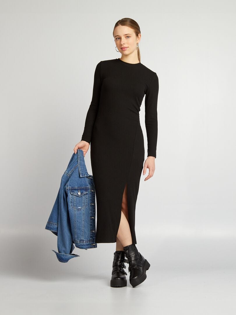 Vestido longo de malha canelada - preto