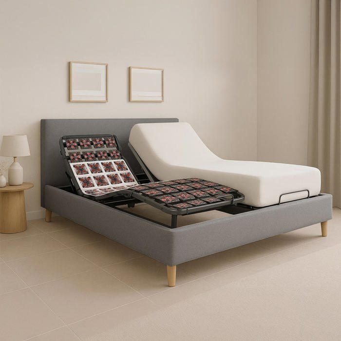 Pacchetto letto elettrico con materasso 180x200 cm - Grigio chiaro - Base relax + Struttura letto in tessuto + Materasso