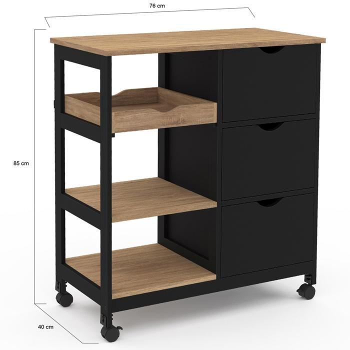 IDMARKET Desserte de cuisine MUNA 3 paniers + 1 plateau amovible noir et effet hêtre L.76 cm