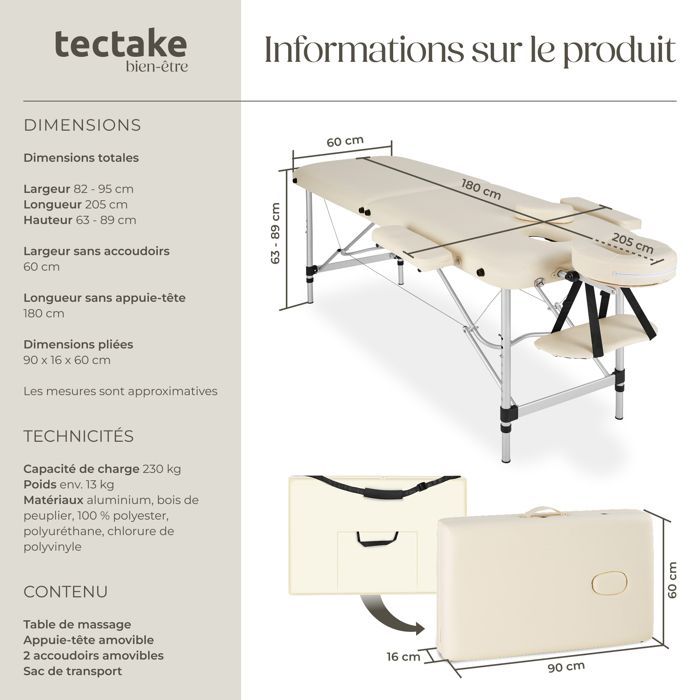 Camilla de masaje - TECTAKE - Camilla de tratamiento plegable y portátil de 2 secciones 205 x 95 x 89 cm - Beige